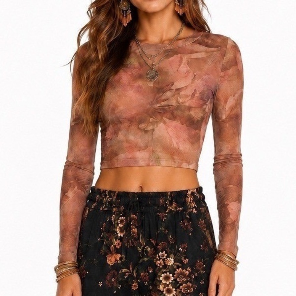 NEW Q Floral Mesh Abstract Long Sleeve Sheer Crop Top Mauve Med Boho